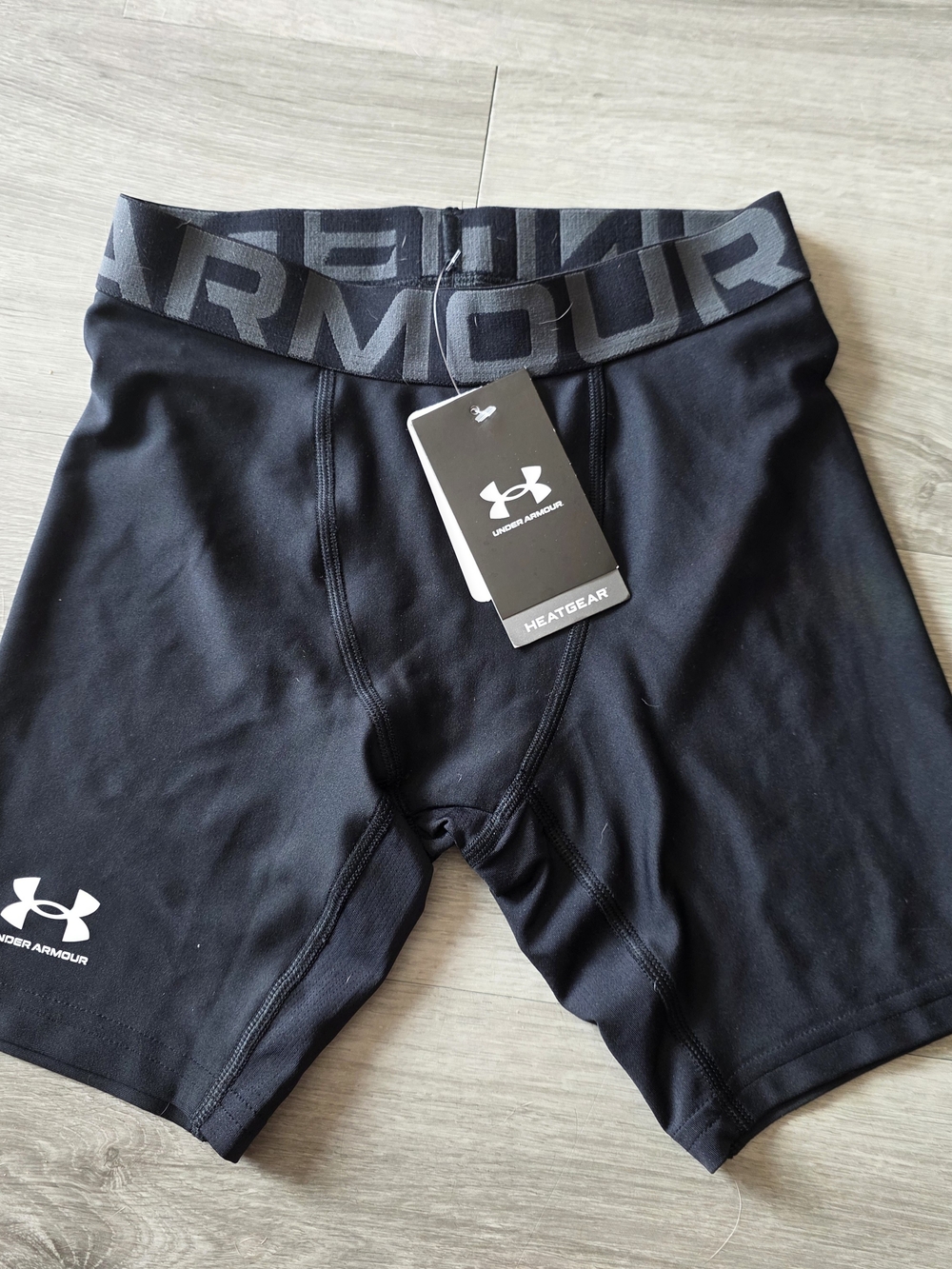 Under Armour Boy's Black Athletic Compression Shorts with Gray Branded Waistband